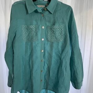 Soft Surroundings Teal Button-Up Blouse Womens small linen/cotton BEAUTIFUL